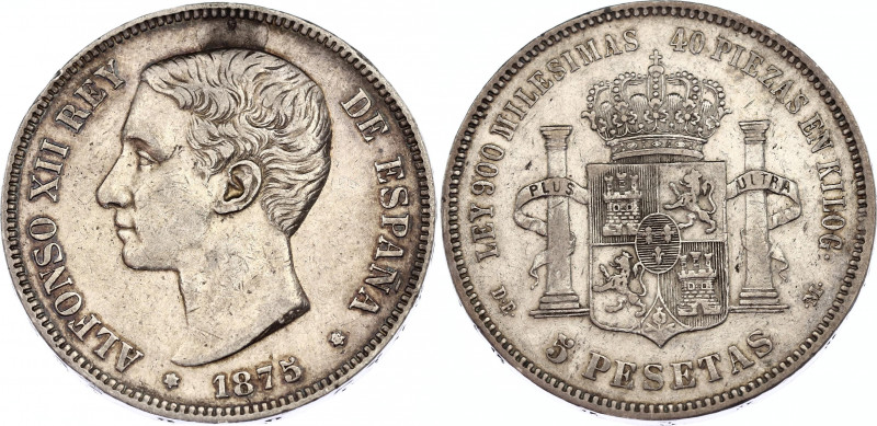 Spain 5 Pesetas 1875 DEM
KM# 671; Cal# 25; N# 3736; Silver; Alfonso XII; Mint: ...