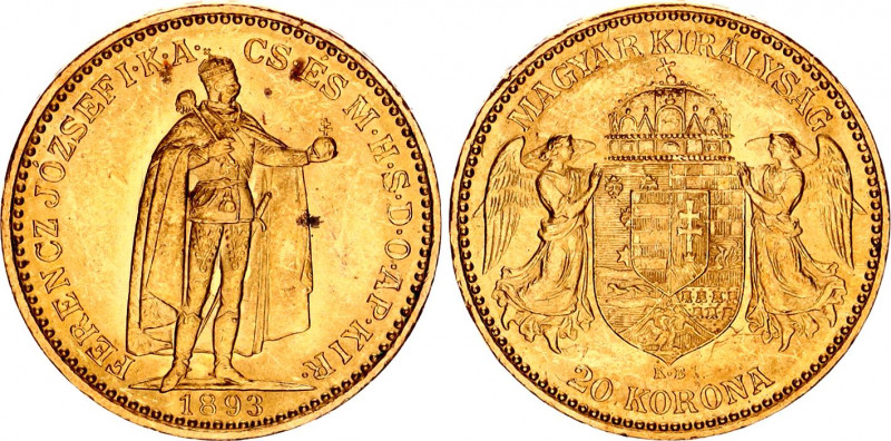 Hungary 20 Korona 1893 KB
KM# 486, N# 33163; Gold., 6.78 g.; Franz Joseph I; UN...