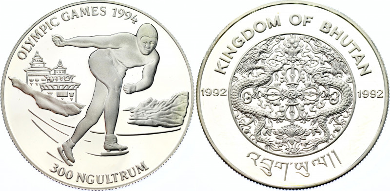 Bhutan 300 Ngultrum 1992
KM# 74; Silver., Proof; Lillehammer 1994 - 17th Winter...