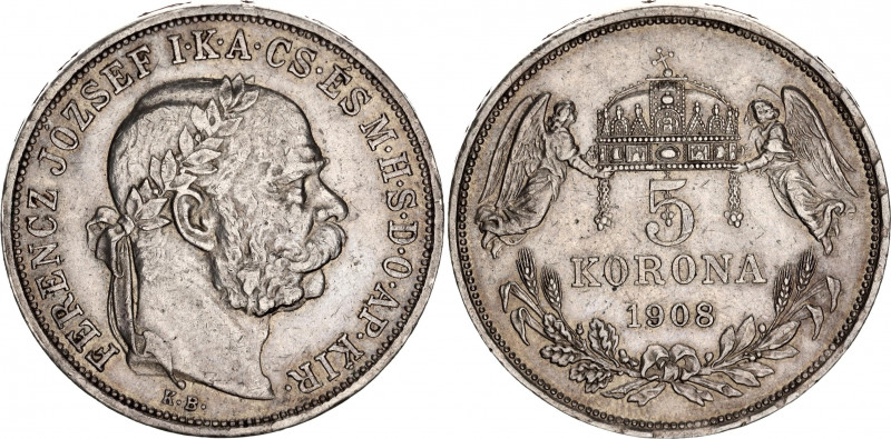 Hungary 5 Korona 1908 KB
KM# 488; H# 2201; N# 12866; Silver; Franz Joseph I; Mi...