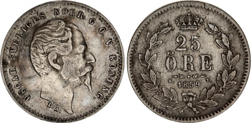 Sweden 25 Ore 1859 ST
KM# 684; N# 34565; Silver; Oscar I; VF.