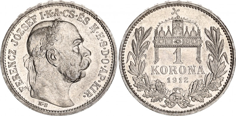 Hungary 1 Korona 1912 KB
KM# 492; H# 2204; N# 12865; Silver; Franz Joseph I; MI...