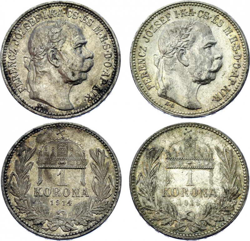 Hungary 2 x 1 Korona 1914 - 1915 KB
KM# 492, N# 12865; Silver; Franz Joseph I; ...