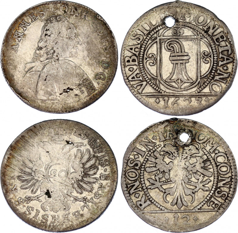 Switzerland Basel 1/2 Dicken - 20 Kreuzer 1623 - 1725
KM# 25, 81, Silver; Vario...