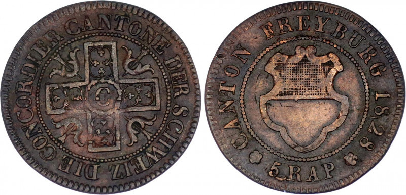 Switzerland Freiburg 5 Rappen 1828 
KM# 82, N# 37602; Billon; XF.