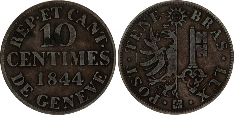 Switzerland Geneva 10 Centimes 1844
KM# 128; N# 22858; Billon; VF Toned.