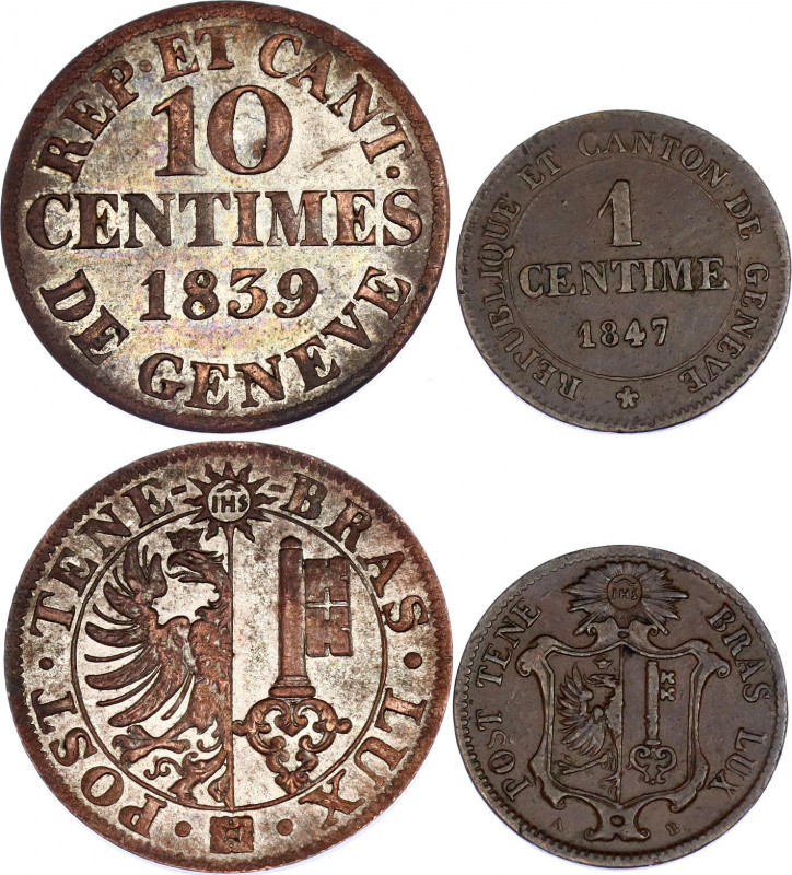 Switzerland Geneva 1 - 10 Centimes 1839 - 1847
KM# 128, 132; Billon; VF/XF.