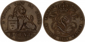 Belgium 5 Centimes 1852
KM# 5, LA# BFM-14; N# 268; Copper; Leopold I (1831-1865); XF.