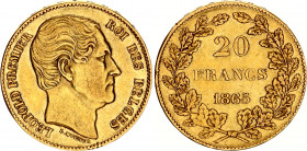 Belgium 20 Francs 1865
KM# 23; N# 11103; Gold (.900) 6.45 g.; Leopold I; Mint: Brussels; XF.