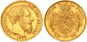 Belgium 20 Francs 1869
KM# 32; N# 13801; Gold (.900) 6.45 g.; Leopold II; Mint: Brussels; XF-/XF+.