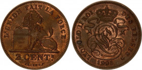 Belgium 2 Centimes 1905
KM# 35.1, LA# BFM-10, Schön# 7; N# 516; Copper; Leopold II (1865-1909); AUNC-UNC.