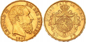 Belgium 20 Francs 1877
KM# 37; N# 7499; Gold (.900) 6.45 g.; Leopold II; Mint: Brussels; AUNC.