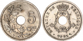 Belgium 5 Centimes 1901
KM# 46, Schön# 17, LA# BFM-20; N# 8028; Copper-Nickel; Leopold II (1865-1909); Key Date; AUNC-.