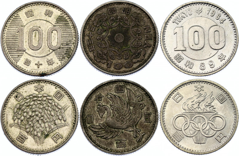 Japan 3 x 100 Yen 1958 - 1965
Y# 77 - 79; Silver; XF/UNC.