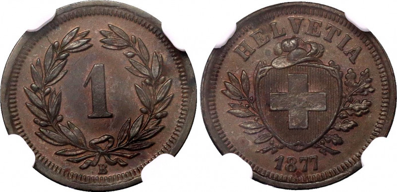 Switzerland 1 Rappen 1877 B NGC MS 63 BN
KM# 3.1; Schön# 15; N# 161; Bronze; Mi...