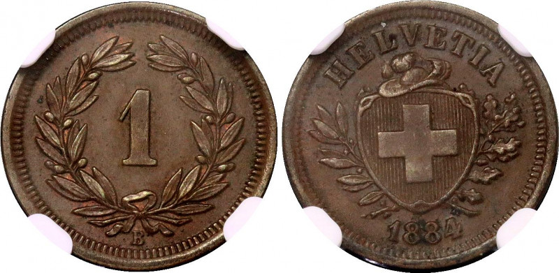 Switzerland 1 Rappen 1884 B NGC MS 62 BN
KM# 3.1; Schön# 15; N# 161; Bronze; Mi...