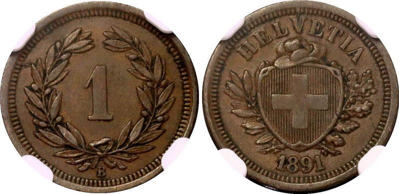 Switzerland 1 Rappen 1891 B NGC AU 58 BN
KM# 3.1; Schön# 15; N# 161; Bronze; Mi...