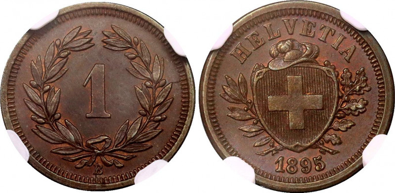 Switzerland 1 Rappen 1895 B NGC MS 63 BN
KM# 3.1; Schön# 15; N# 161; Bronze; Mi...