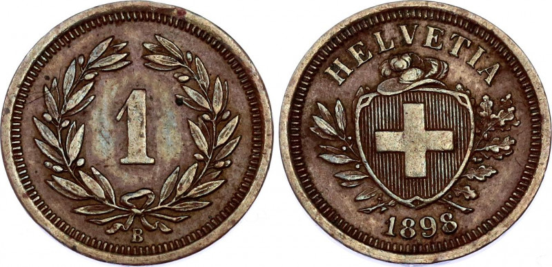 Switzerland 1 Rappen 1898 B
KM# 3.1; Schön# 15; N# 161; Bronze; Mint: Bern; XF....