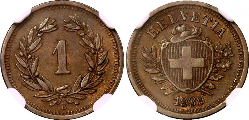 Switzerland 1 Rappen 1939 B NGC MS 61 BN
KM# 3.2; Schön# 15; N# 161; Bronze; Mi...