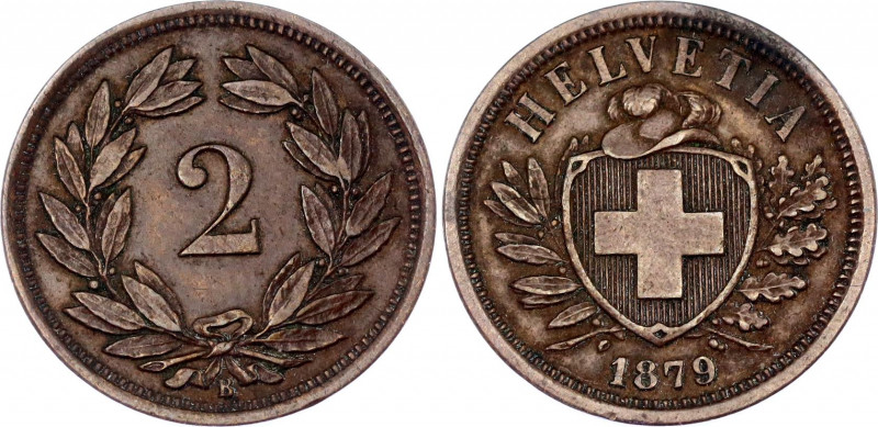 Switzerland 2 Rappen 1879 B
KM# 4.1; Schön# 16; N# 164; Bronze; Mint: Bern; VF+...