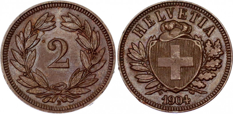 Switzerland 2 Rappen 1904 B
KM# 4.2; Schön# 16; N# 164; Bronze; Mint: Bern; XF+...