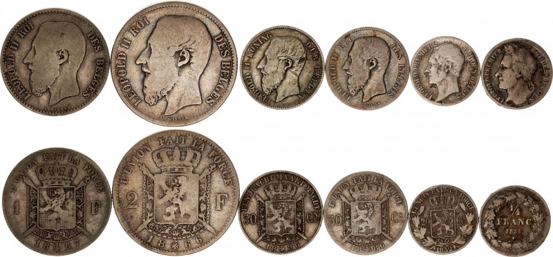 Belgium Lot of 6 Coins 1834 - 1886
KM# 8-19-26-27-28.1-30.1; Silver; Lot with v...