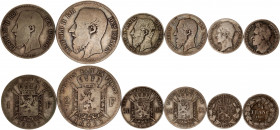 Belgium Lot of 6 Coins 1834 - 1886
KM# 8-19-26-27-28.1-30.1; Silver; Lot with very interesting and key dates; VF-VF+.