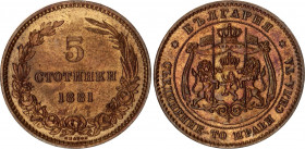 Bulgaria 5 Stotinki 1881
KM# 2, N# 8869; Copper; Alexander I; Heaton Mint.; XF/UNC., with Hairlines.