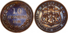 Bulgaria 10 Stotinki 1881
KM# 3, N# 3788; Copper; Alexander I; Heaton Mint.; XF.