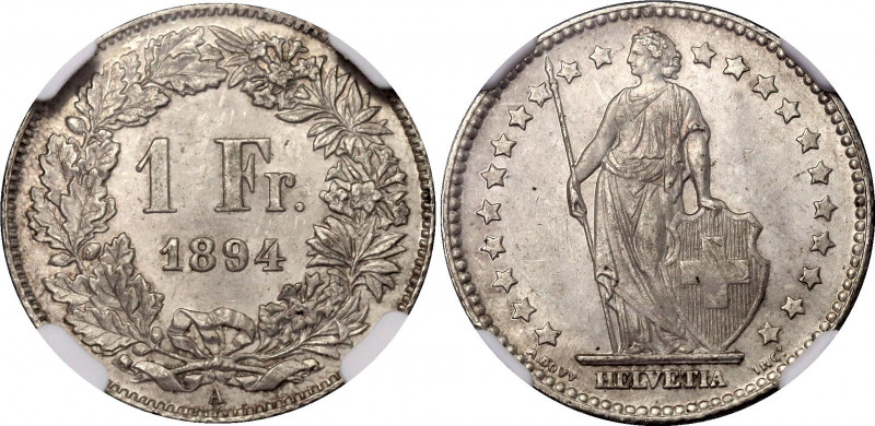 Switzerland 1 Franc 1894 A NGC MS 62
KM# 24; Schön# 28; N# 184; Silver; Mint: P...