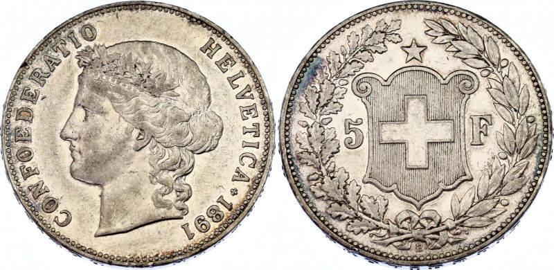 Switzerland 5 Francs 1891 B
KM# 34; Schön# 30; N# 192; Silver; Mint: Bern; Mint...