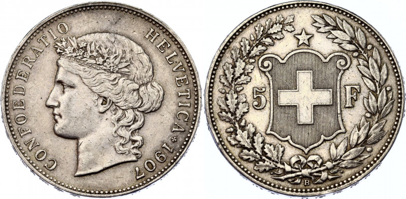 Switzerland 5 Francs 1907 B
KM# 34; Y# 33; Schön# 30; N# 192; Silver; Mint: Ber...