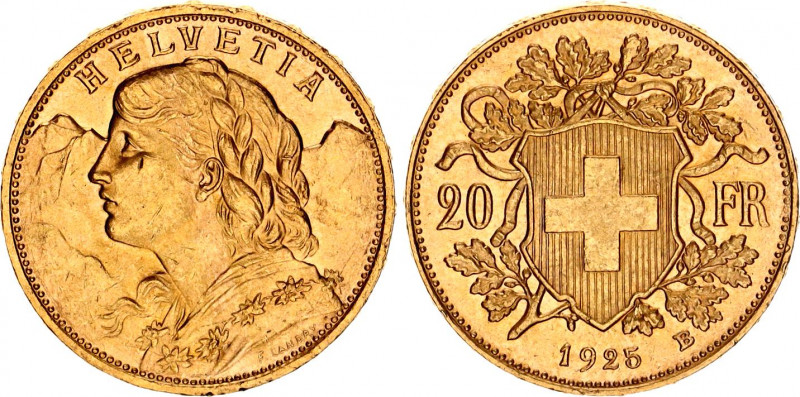 Switzerland 20 Francs 1925 B
KM# 35.1, N# 7497; Gold., 6.45 g.; Vreneli; UNC.