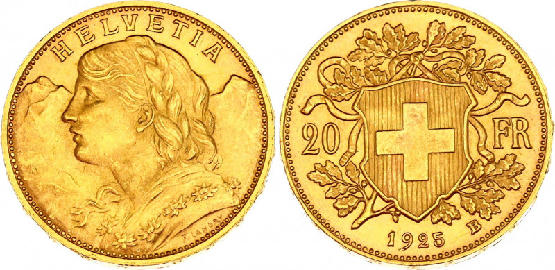 Switzerland 20 Francs 1925 B
KM# 35.1; N# 7497; Gold (.900) 6.45 g., 21.00 mm.;...