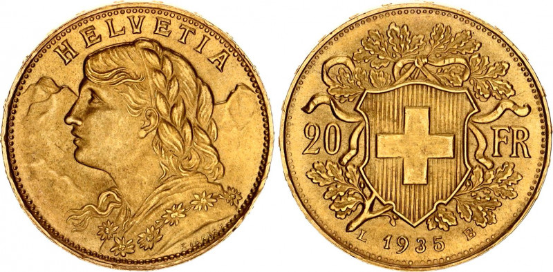 Switzerland 20 Francs 1935 LB Restrike
KM# 35.1; Fr# 499; Y# 41; N# 7497; Gold ...