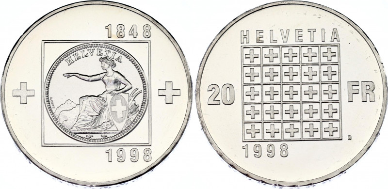 Switzerland 20 Francs 1998 B
KM# 82, N# 26283; Silver., Proof; 150th Anniversar...