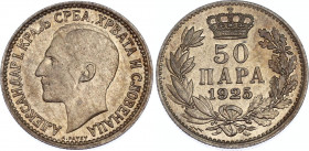 Yugoslavia 50 Para 1925
KM# 4; Schön# 4; N# 3128; Silver; Alexander I; Mint: Brussels; AUNC.