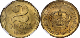 Yugoslavia 2 Dinara 1938 NGC MS 65
KM# 20, N# 4868; Large crown type; Aluminium-bronze; Petar II.