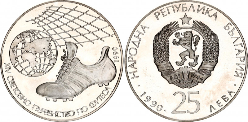 Bulgaria 25 Leva 1990 
KM# 191, N# 55683; Silver., Proof; 14th World Football C...