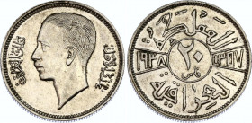 Iraq 20 Fils 1938 AH 1357
KM# 106; Silver; Ghazi I; XF+/AUNC- with minor scratches.