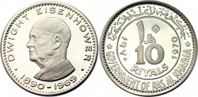 United Arab Emirates Ras al-Khaimah 10 Riyals 1970
KM# 31, N# 32424; Without "PROOF"; Silver., Proof; 1st Anniversary of the Death of Dwight Eisenhow...