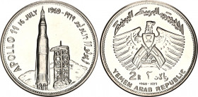 Yemen 2 Rials 1969 
KM# 2.1; N# 52073; Silver; 10th Anniversary of Appolo Moon Landing; UNC.