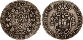 Angola 8 Macutas 1796
KM# 34, KM# M1.07.0x; N# 53377; Silver; Maria I (1777-1799); Mintage 25000 Pcs; Rare; Mount mark; VF.