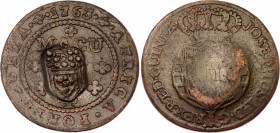 Angola 1 Macuta 1837 on 1/2 Macuta 1762
KM# 50.1; N# 44248; Copper; XF, nice coin.