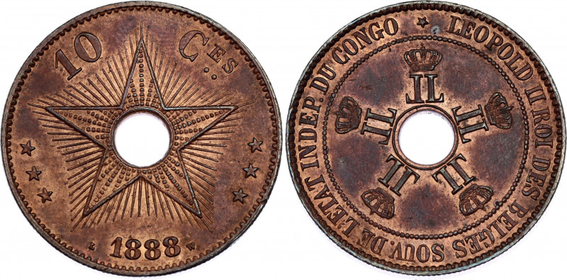 Belgian Congo 10 Centimes 1888
KM# 4; N# 7012; Copper; Leopold II; UNC.