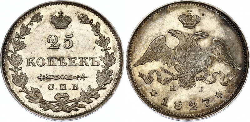 Russia 25 Kopeks 1827 СПБ НГ
Bit# 124; Silver 5.17 g.; UNC-, golden patina with...