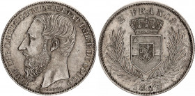 Belgian Congo 2 Francs 1887
KM# 7, N# 10913; Silver; Leopold II; XF+.