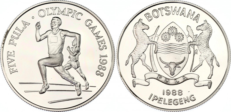 Botswana 5 Pula 1988
KM# 21; Silver, Proof; Olympiad 1988, runners.