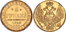 Russia 5 Roubles 1842 СПБ АЧ NGC MS 61
Bit# 19; Conros# 17/13; Gold (.917) 6.54 g.; UNC.